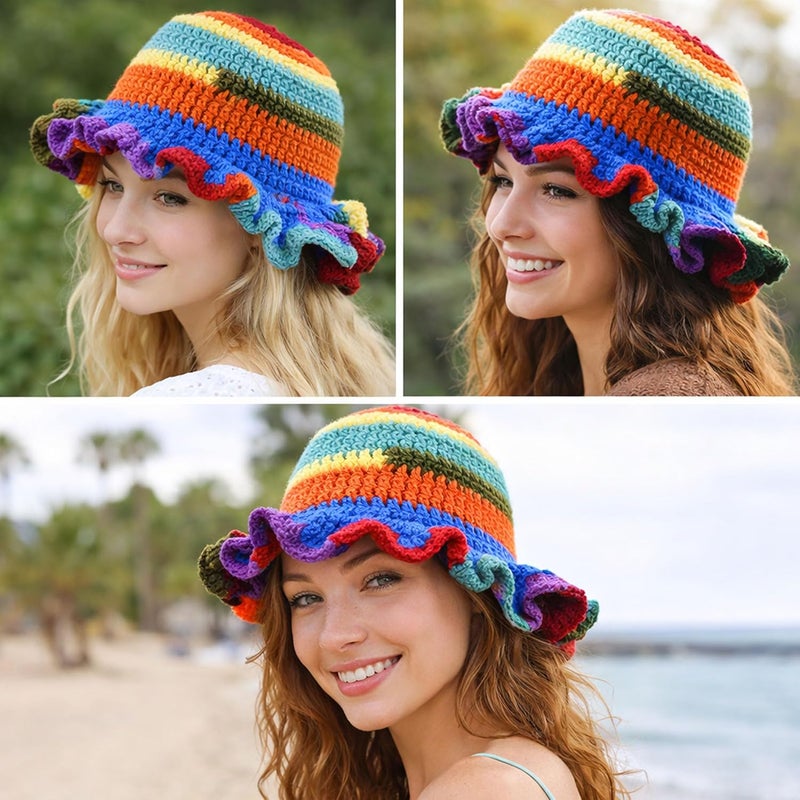 Ahouws Crochet Bucket Hat Women Trendy Knit Floppy Cap Cute Boho Handmade Beanies Outdoor Boho Travel Fishing Hat - Image 5